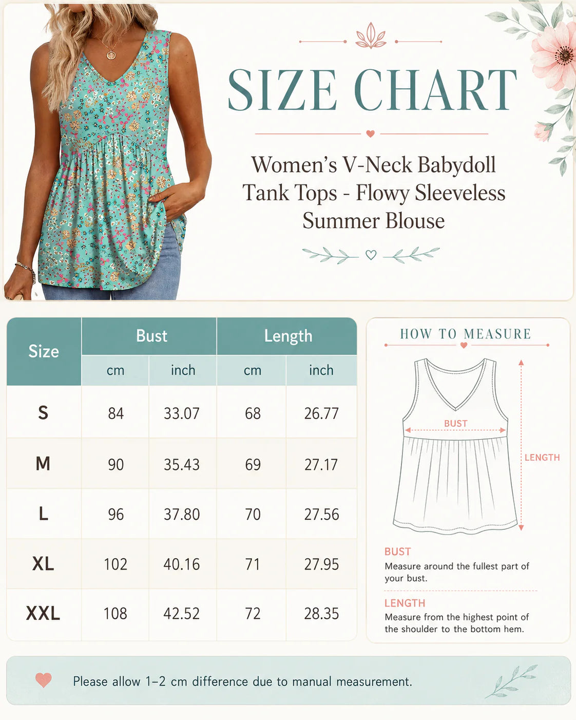 Women's V-Neck Babydoll Tank Tops - Flowy Sleeveless Summer Blouse