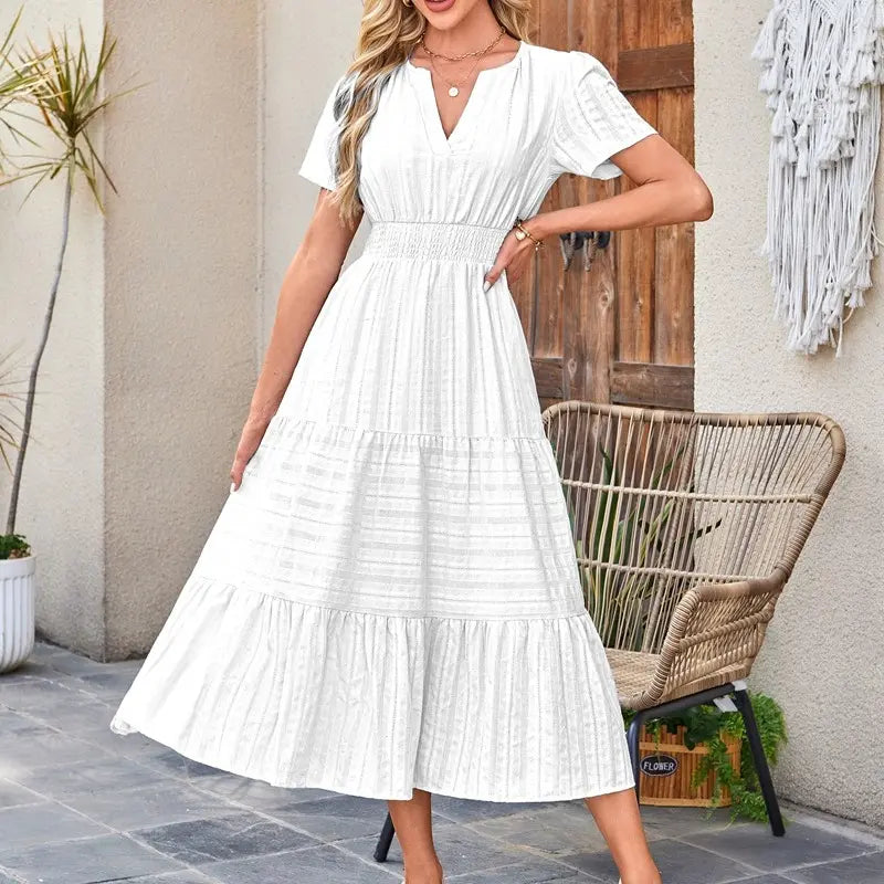 Women's Summer 2026 Casual Maxi Dress Lightweight Short Sleeve V-Neck Boho Dress with Pockets