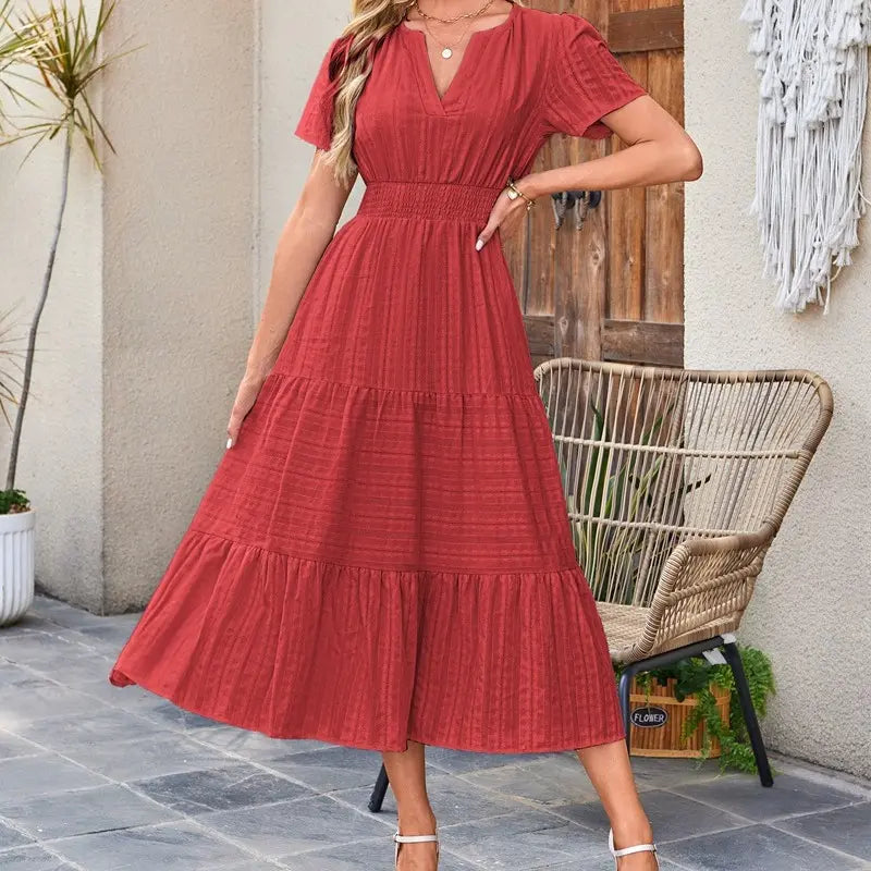 Women's Summer 2026 Casual Maxi Dress Lightweight Short Sleeve V-Neck Boho Dress with Pockets