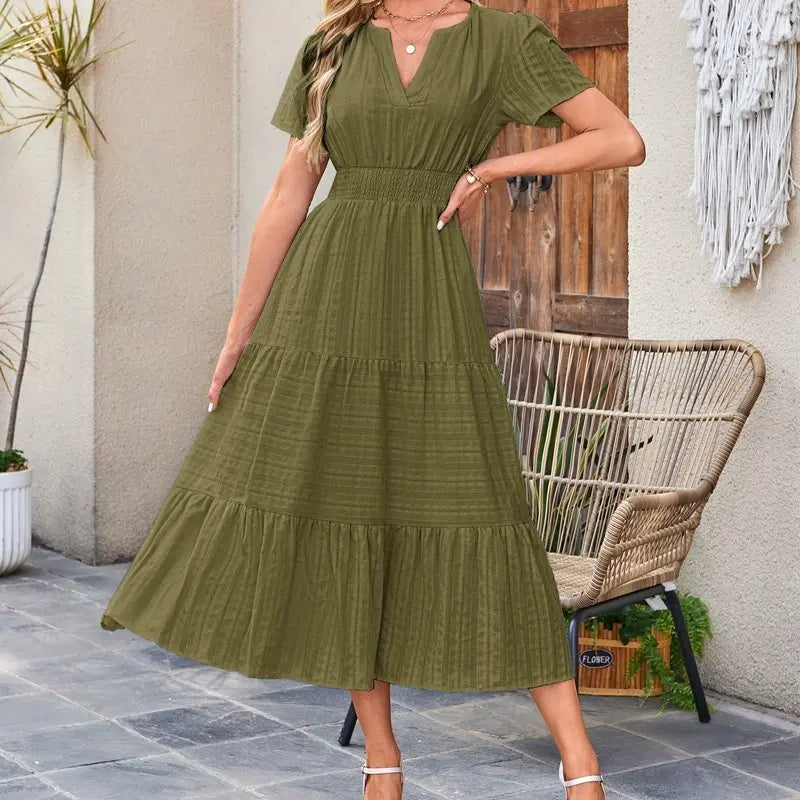 Women's Summer 2026 Casual Maxi Dress Lightweight Short Sleeve V-Neck Boho Dress with Pockets