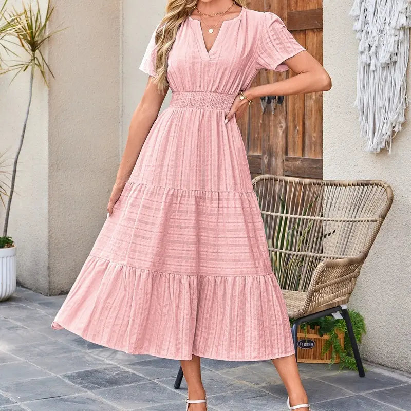 Women's Summer 2026 Casual Maxi Dress Lightweight Short Sleeve V-Neck Boho Dress with Pockets
