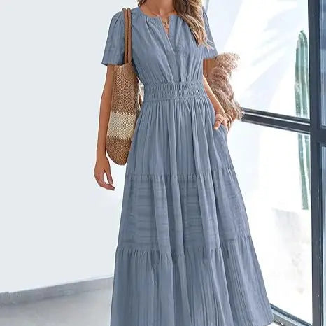 Women's Summer 2026 Casual Maxi Dress Lightweight Short Sleeve V-Neck Boho Dress with Pockets
