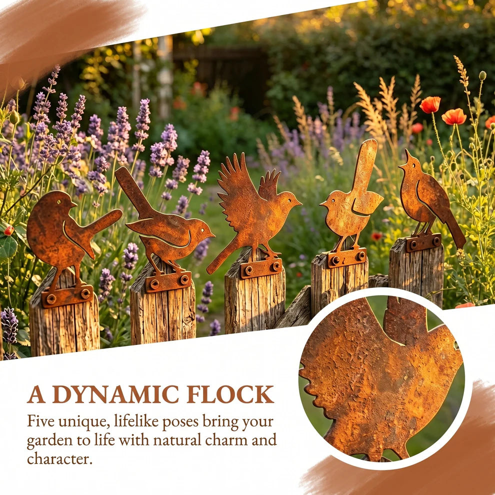 🐦5-Piece Lifelike Rusty Metal Bird Silhouettes Garden Art