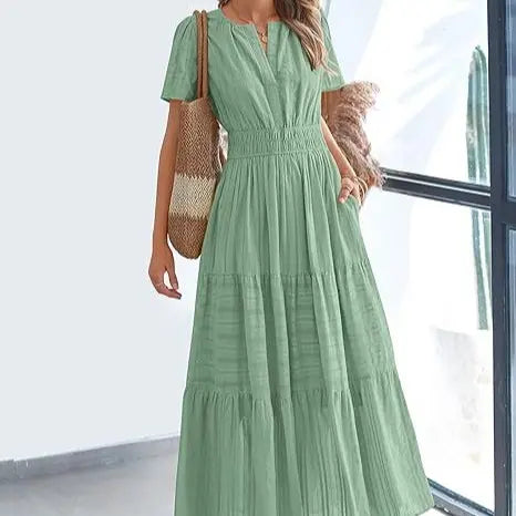Women's Summer 2026 Casual Maxi Dress Lightweight Short Sleeve V-Neck Boho Dress with Pockets