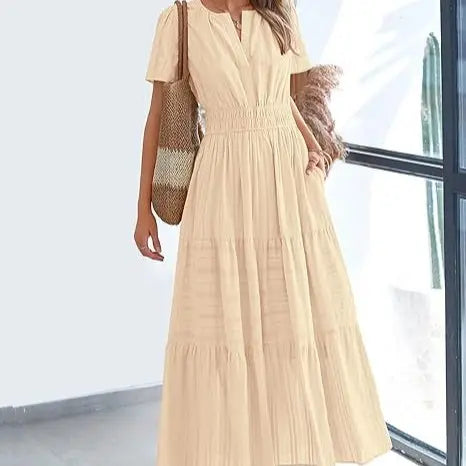 Women's Summer 2026 Casual Maxi Dress Lightweight Short Sleeve V-Neck Boho Dress with Pockets