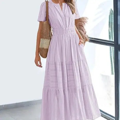 Women's Summer 2026 Casual Maxi Dress Lightweight Short Sleeve V-Neck Boho Dress with Pockets