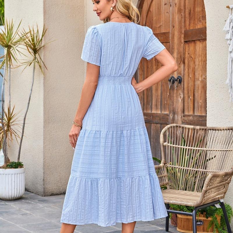 Women's Summer 2026 Casual Maxi Dress Lightweight Short Sleeve V-Neck Boho Dress with Pockets