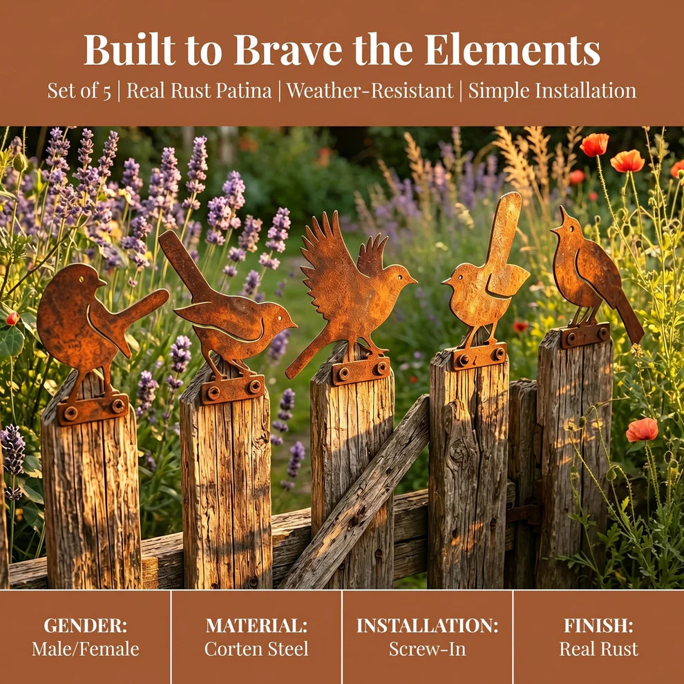 🐦5-Piece Lifelike Rusty Metal Bird Silhouettes Garden Art