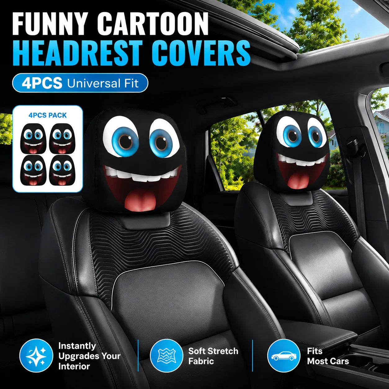 🔥 Funny Cartoon Car Headrest Covers – 2PCS Universal Fit 🚗