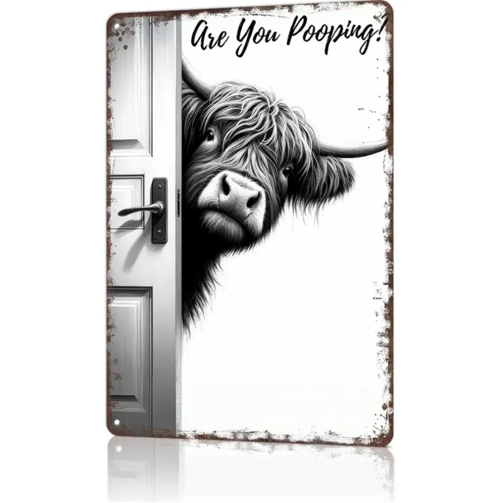 Vintage Highland Cow Metal Sign – Funny "Are You Pooping?" Wall Decor