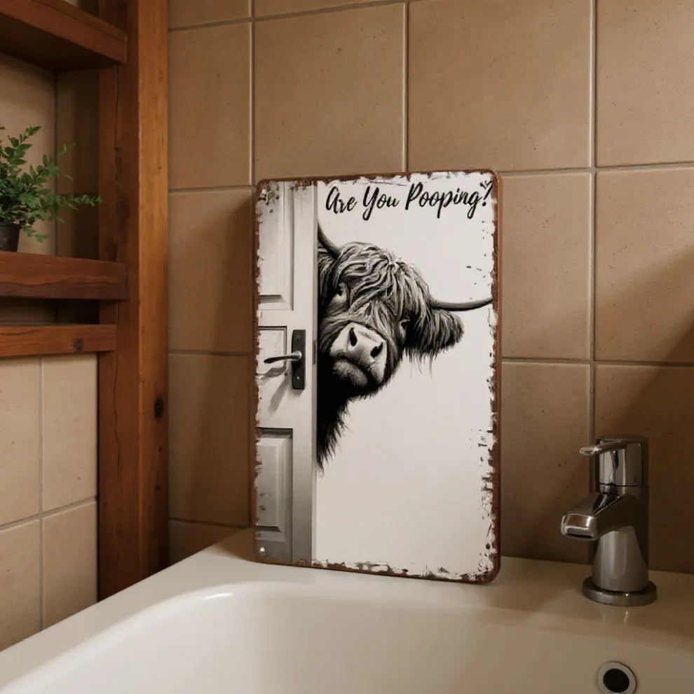 Vintage Highland Cow Metal Sign – Funny "Are You Pooping?" Wall Decor