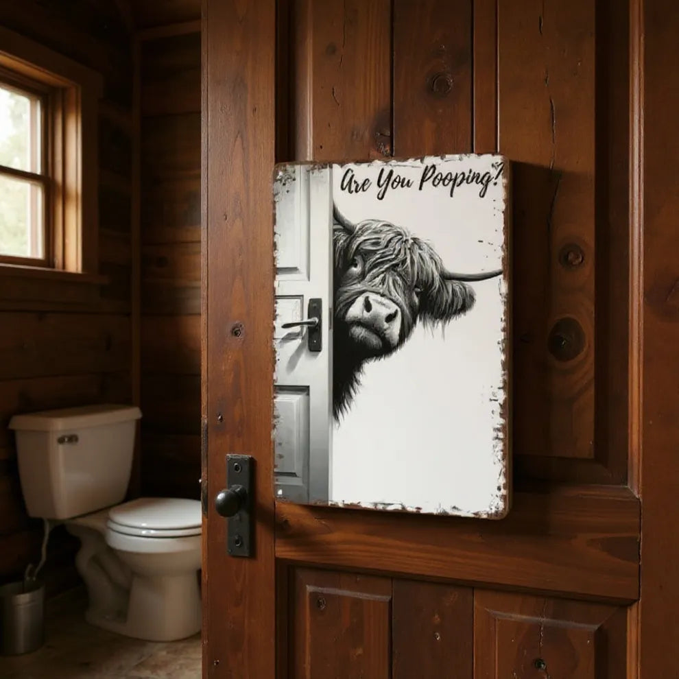 Vintage Highland Cow Metal Sign – Funny "Are You Pooping?" Wall Decor