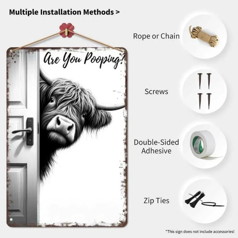 Vintage Highland Cow Metal Sign – Funny "Are You Pooping?" Wall Decor