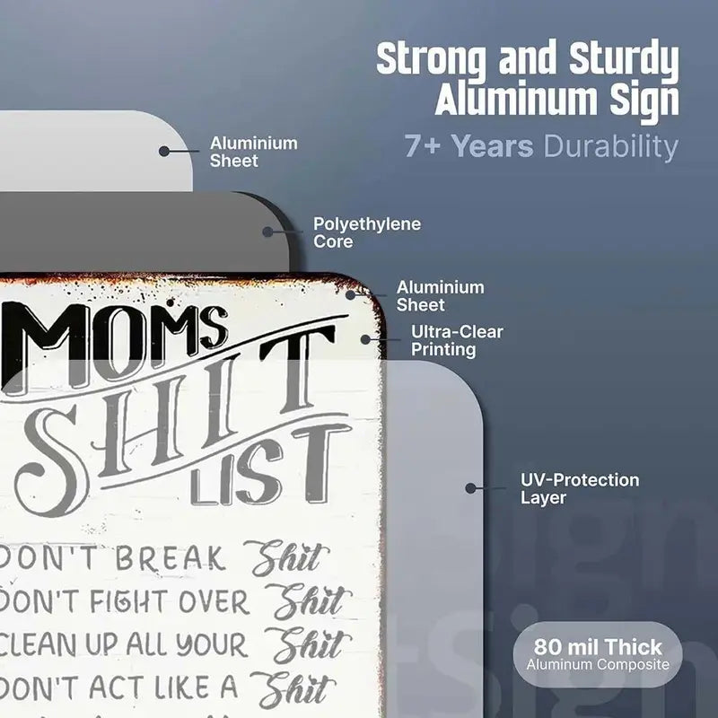 Mom'S Shit List Vintage Metal Sign - Retro Rustic Home Decor