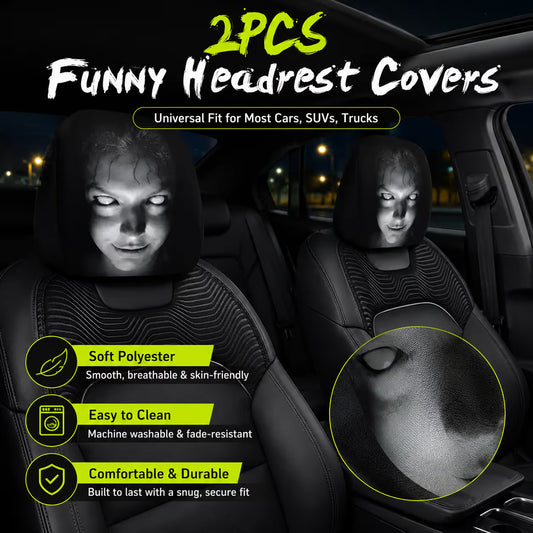🔥 Funny Cartoon Car Headrest Covers – 2PCS Universal Fit, Halloween Decor🚗