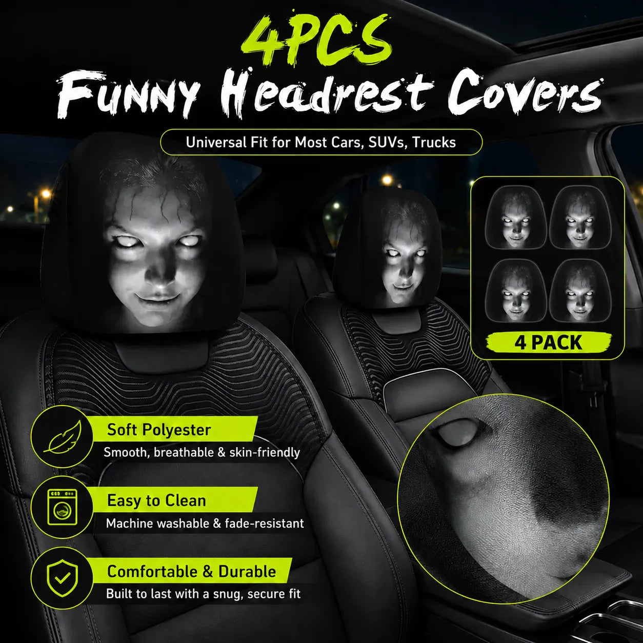 🔥 Funny Cartoon Car Headrest Covers – 2PCS Universal Fit 🚗