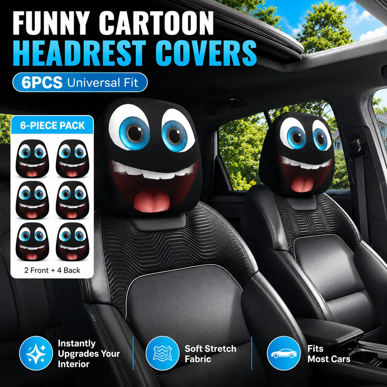 🔥 Funny Cartoon Car Headrest Covers – 2PCS Universal Fit 🚗