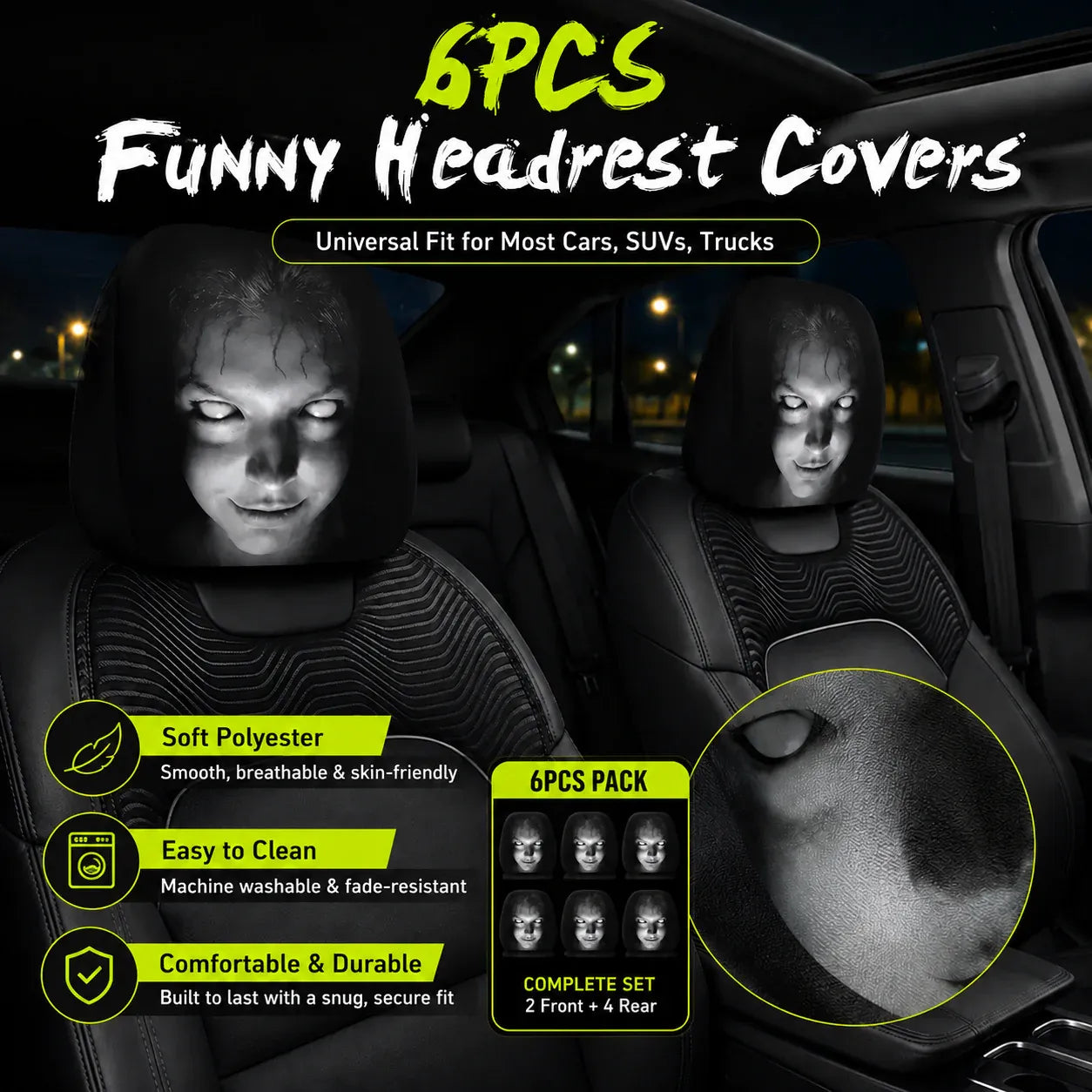 🔥 Funny Cartoon Car Headrest Covers – 2PCS Universal Fit 🚗
