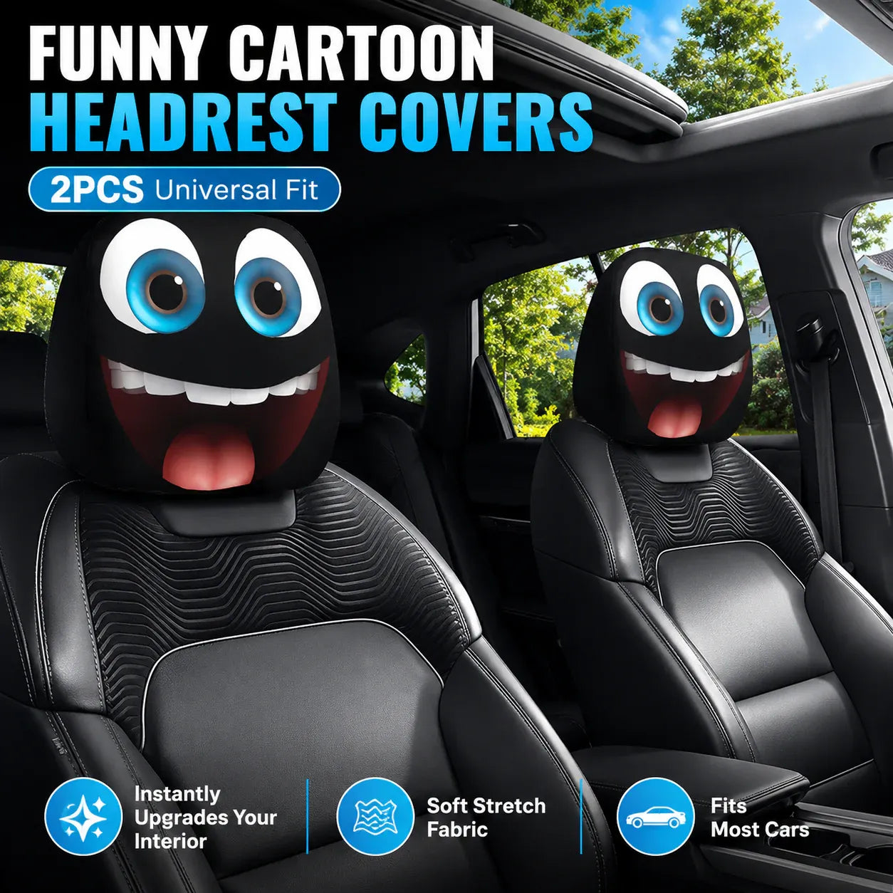 🔥 Funny Cartoon Car Headrest Covers – 2PCS Universal Fit 🚗